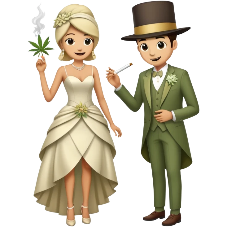 Full body view of person in fancy clothes sneaking into a wedding ceremony with a mischievous grin, uninvited guest, smoking cannabis emoji
