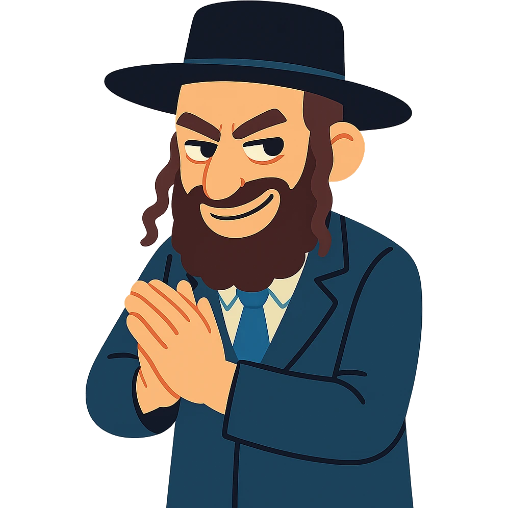 flat toon style rabbi, mischievous pose, rubbing hands together, bright colors emoji