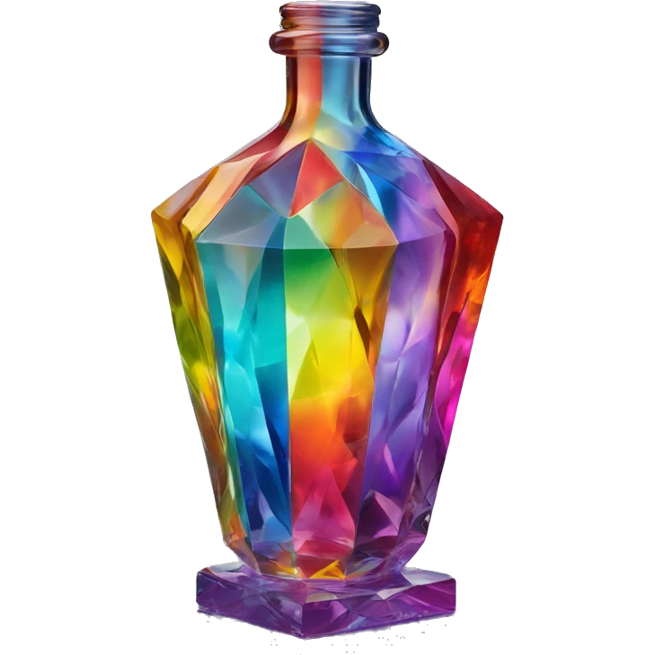 symbolic all-energies in a bottle sculpture symbolizing chromatic light with a geometric, faceted design. The bottle is standing upright with angular and baroque features. The vibrant rainbow of colors highlights the sharp edges and planes.  emoji