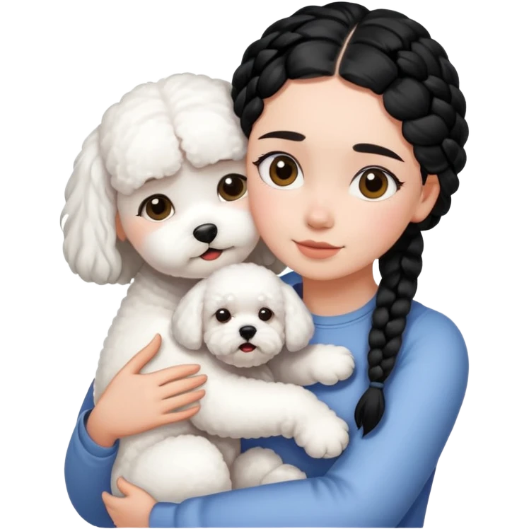 A girl with the black braids has straight hair ,hugging one Bichon frise emoji