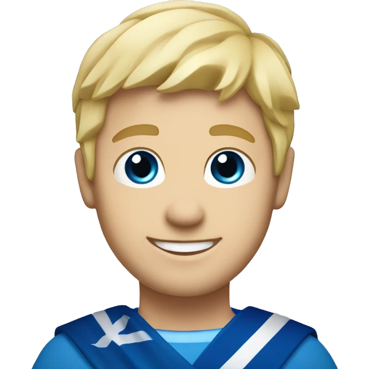 Male with blonde hair and blue eyes waving hand smiling with a Scotland flag 🏴󠁧󠁢󠁳󠁣󠁴󠁿  emoji