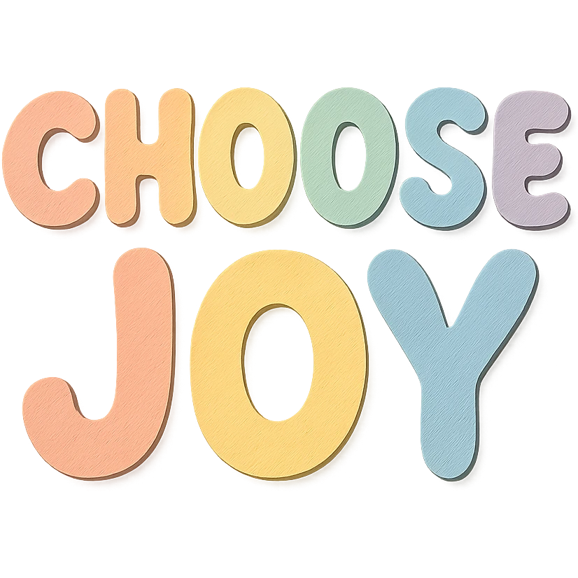 Soft pastel rainbow rounded letters for "Choose Joy", cute bubble font, no frame, transparent background emoji