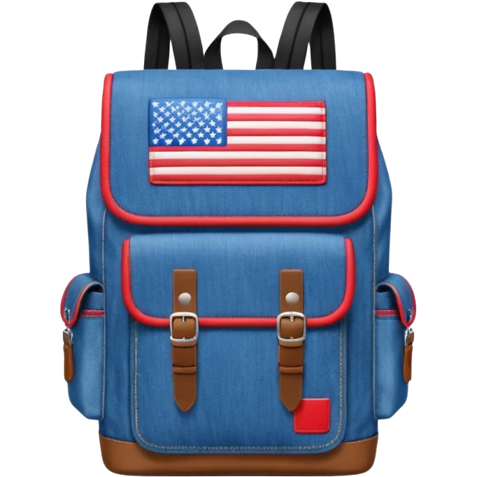 a blue denim backpack with a flap top, two vertical black buckle straps on the front. The backpack has two side pockets and a soft square shape. at front view bottom pocket, red and with two divided logo like simple american flag

 emoji