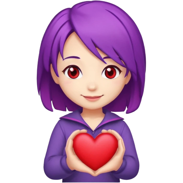 A chibi cartoon with purple hair red eyes holding a heart emoji