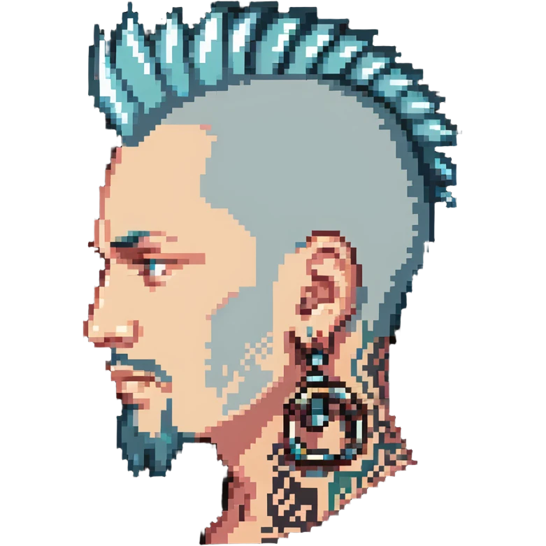 head of a white man with a goatee, mohawk, earring, and head tattoo emoji