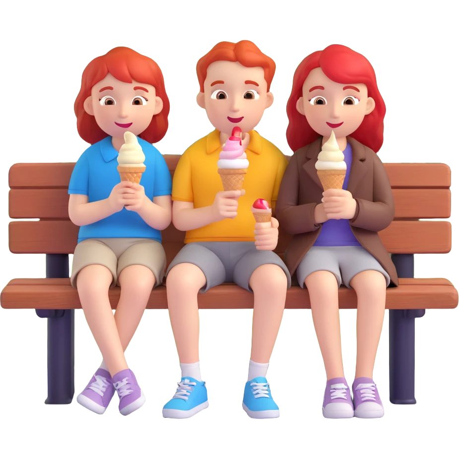 A red-haired girl and a boy sitting together on a park bench, sharing an ice cream cone, with a sunset in the background. emoji