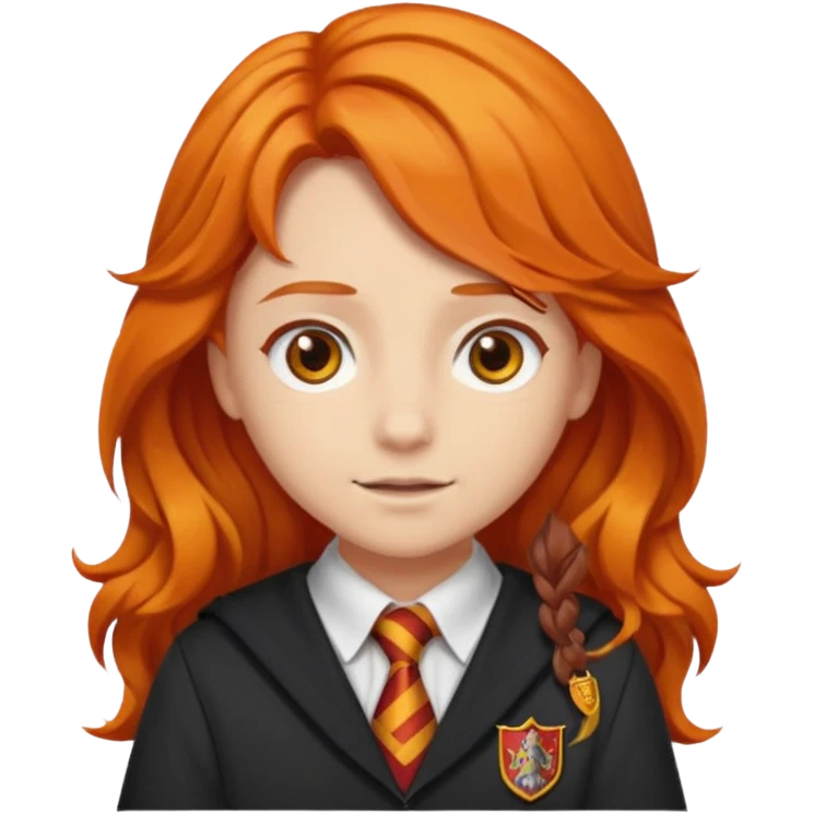 A iphone emoji with long wavy fierce orange hair and hazel eyes, wearing Gryffindor school uniform emoji