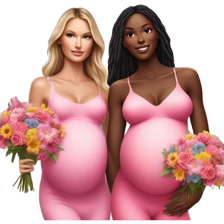 Realistic Photo of 2 Victoria secret models pregnant posing with flowers emoji