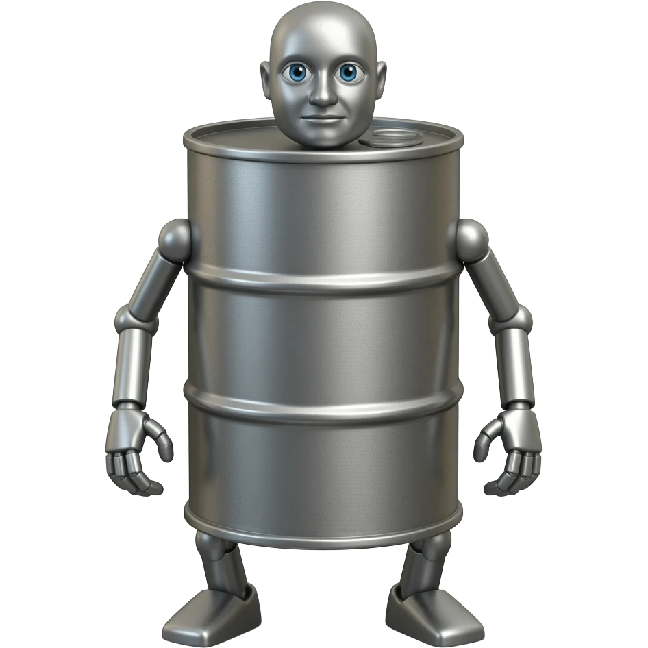 A barrel with legs and hands and a head . The head has to be in the top. The hands and feets and head has to be made out of metal emoji