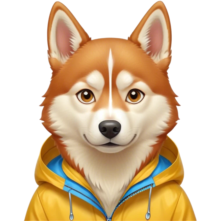 cute, disney-style red siberian husky with blue eyes, wearing a yellow rain jacket emoji