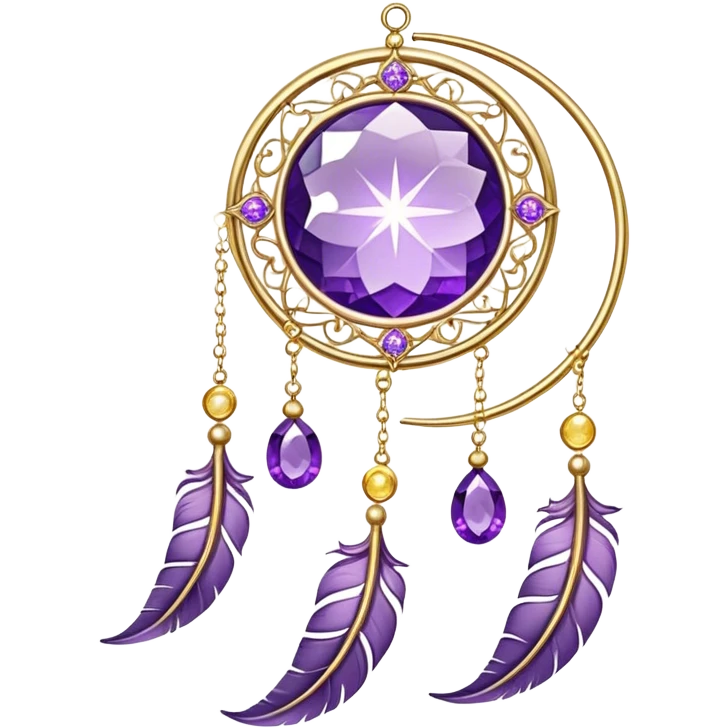 Epic beautiful gorgeous cute gold suncatcher, threads with shiny sparkly amethyst gemstones, flowers, crescents-moons, stars, violet Feather emoji