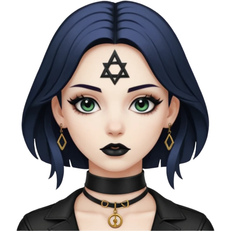 Leather choker with occult symbol on pale neck, dominance and devotion emoji