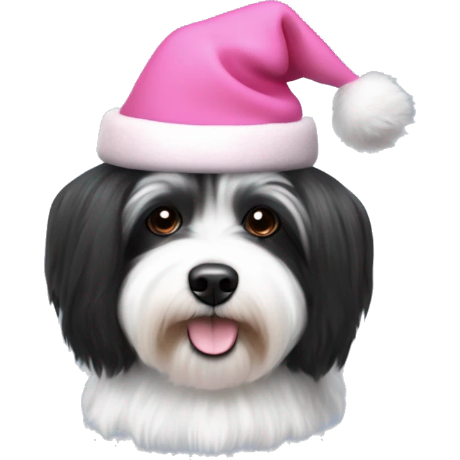 Black and white havanese dog medium fur length with a pink Christmas hat slouched at the top of its head tilting to the right emoji