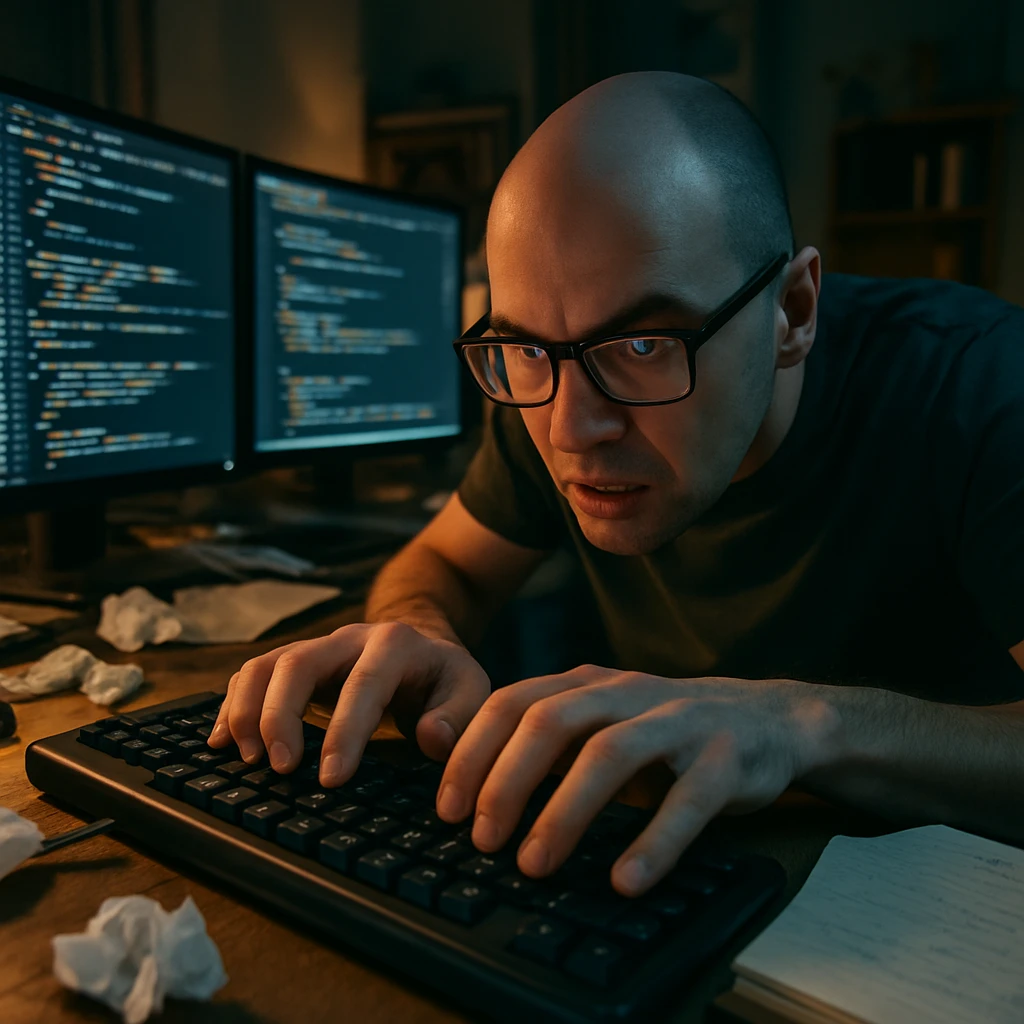 close-up on hands of bald programmer with glasses typing frenetically on keyboard, multiple monitors in background illuminating messy nighttime home office environment emoji