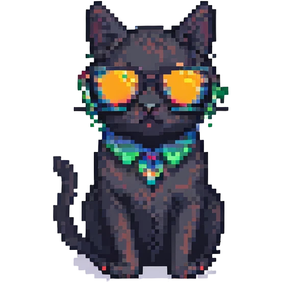 black cat wearing sunglasses, pixel art style emoji