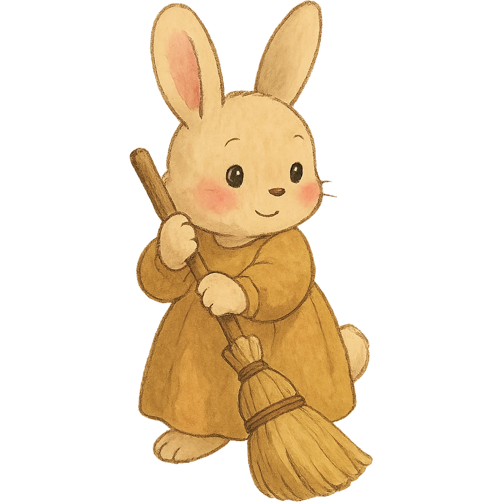 rosy bunny sweeping floor with broom, soft ghibli style emoji
