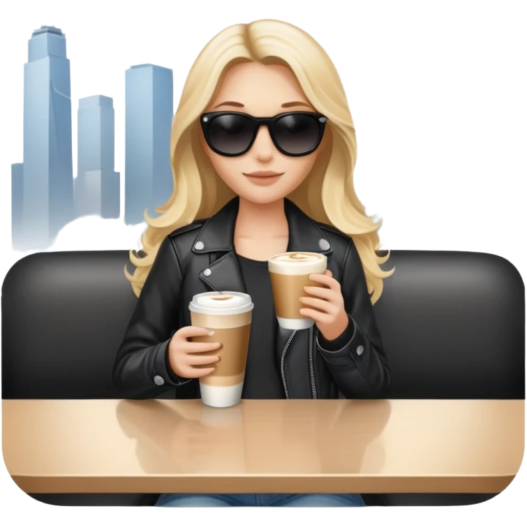 blonde woman with long hair, in black sunglasses, holding a latte in her hand, in jeans and a black leather jacket emoji
