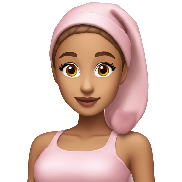 Ariana grande in a light pink christmas outfit wearing a light pink christmas hat emoji
