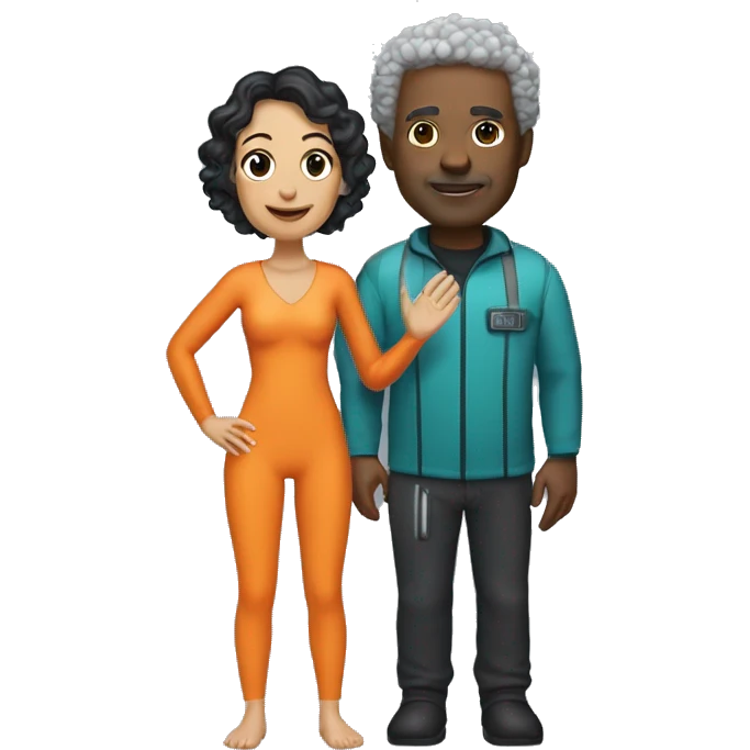 40 year old woman with light brown skin and short curly black hair, holding the hand of a 50 year old white man with short gray hair, both people dressed in snorkel gear emoji