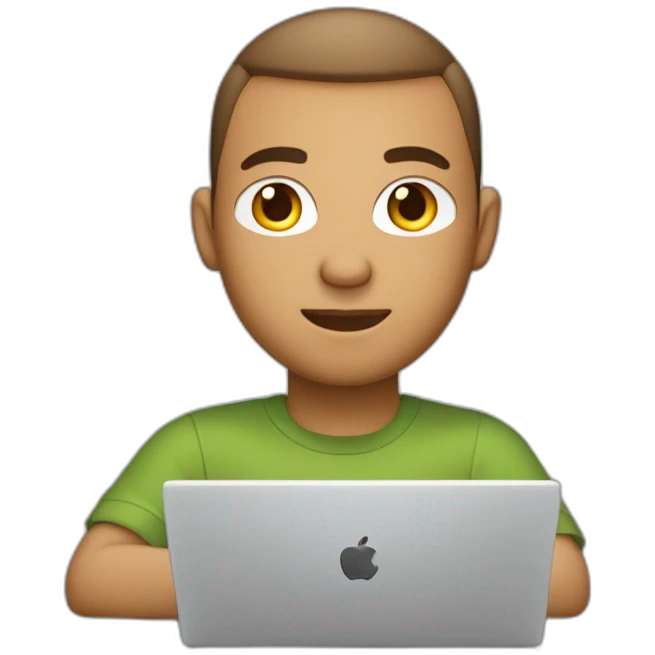 software engineer (white male, brown buzz cut hair, white gold earrings) in front of laptop, apple-style emoji