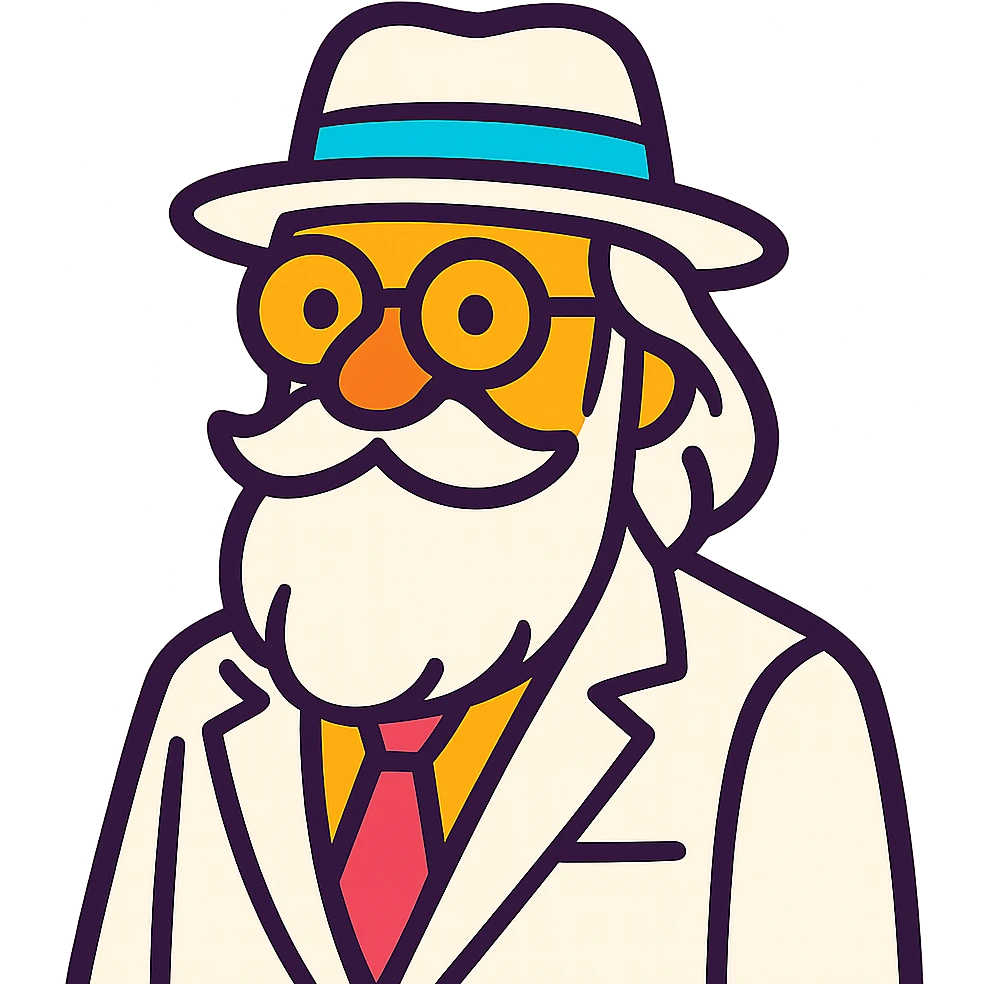 old man with a white hat, long white beard, white moustache, round glasses, white suit, white longish hair, vibrant toon style emoji