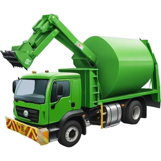 Green mobile compaction truck with a large, extendable arm that comes of the back and has a spiked round drum used to crush trash in an open-top dumster emoji