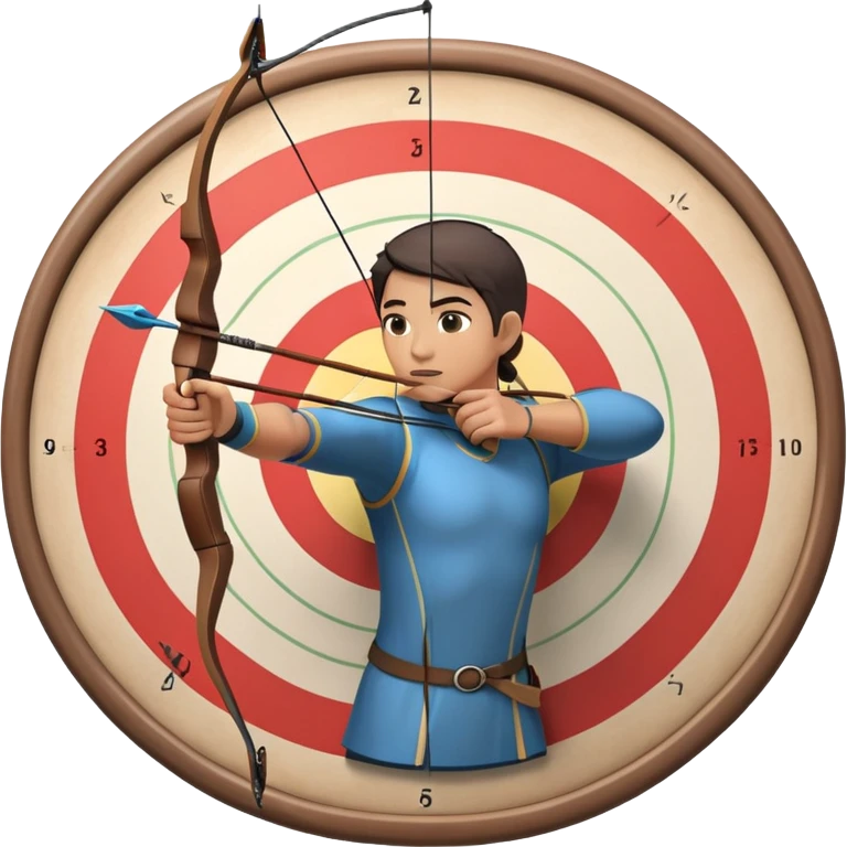 An archer pulling back a bowstring, aiming at a target in the distance. The target features concentric rings, and the scene conveys focus and precision. The background captures the essence of an outdoor archery range, highlighting skill and concentration in the sport. emoji