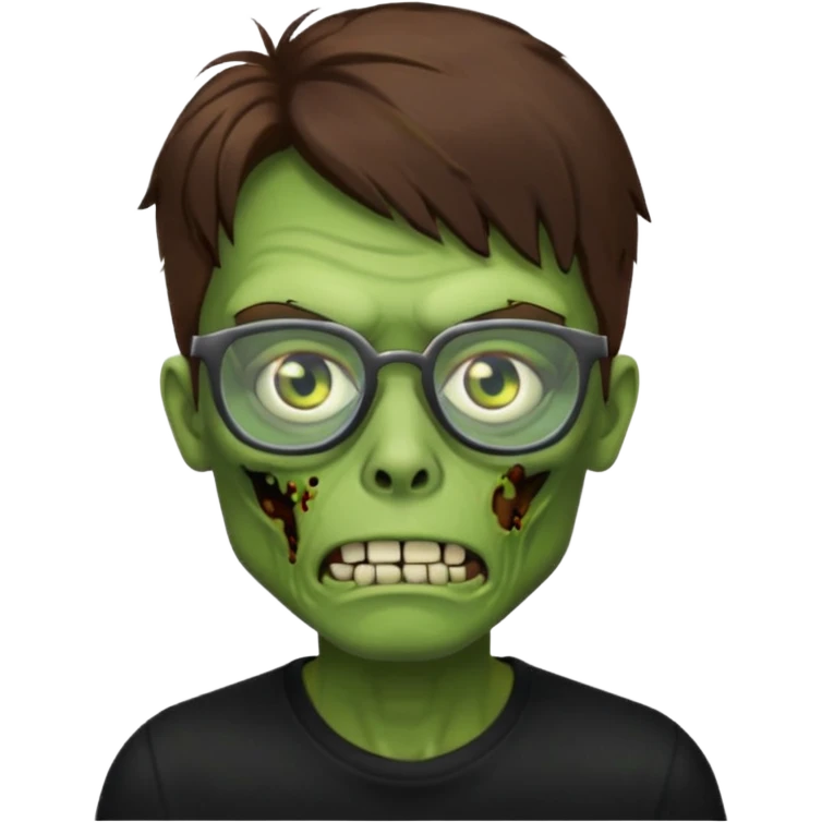 Green zombie, brown hair, black glasses, black shirt. iOS style. emoji