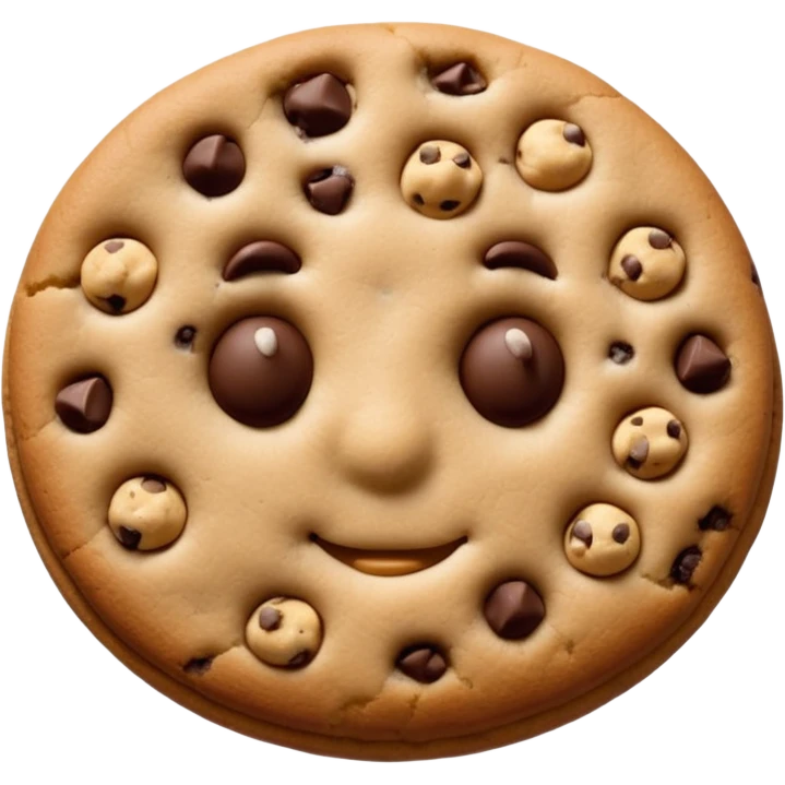 {
    "type": "object",
    "look": "chocolate chip cookie man, round chips, baked surface, front view",
    "description": "a cookie man made of chocolate chip dough, with visible chips and soft edges"
  } emoji