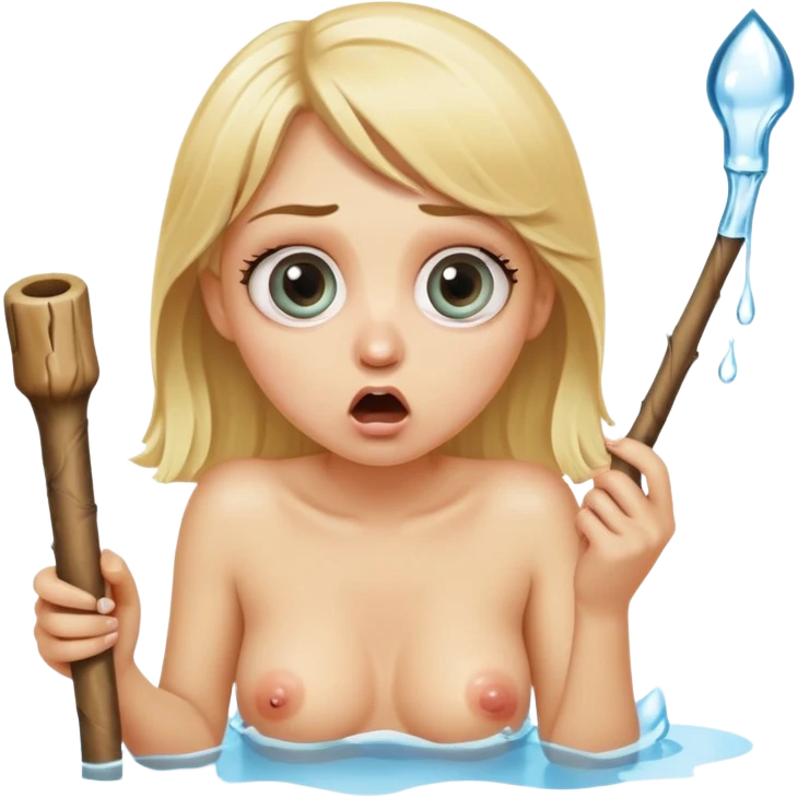 blond woman sitting on her knees with wide eyes, she's holding a thick stick with a D-shaped knob, the stick is made of skin, water squirting from the knob into her mouth, shocked face emoji