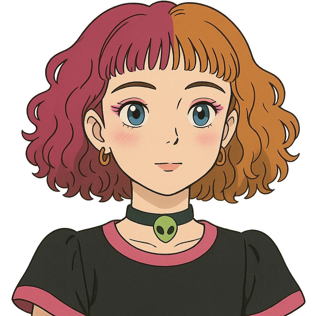 girl with blue eyes, pink makeup, narrow eyebrows, earrings, green alien head choker, black and pink blouse, curly shoulder-length hair, half hot pink half ginger, short straight baby bangs emoji