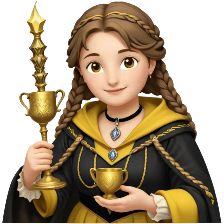 Helga Hufflepuff,the Hogwarts founder of Hufflepuff,brown-haired,2braids,yellow-black medieval dress with black cloak decorated with gold braiding,flickering magic wand and tiny two-handled shiny gold cup engraved with the badger silhouette,very kind smile,curvy busty sweet emoji