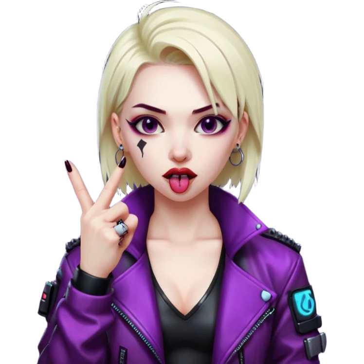 Woman with her tongue out in cyberpunk clothing and giving the middle finger. Looking naughty. emoji