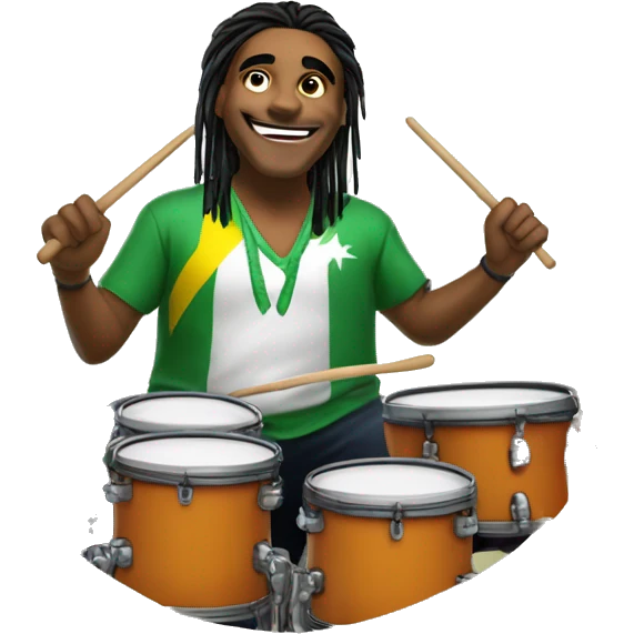 Create an image of a Brazilian drummer with tied hair, expressing joy while playing drums in his live stream. Include the logo "GG Lukas Drummer" in the background. emoji