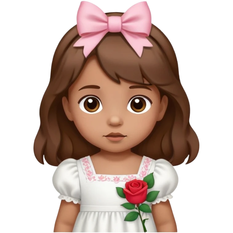 Brown hair, medium skin tone baby girl with bows on her hair, and wearing a white dress with rose designs on it  emoji