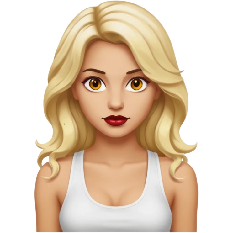 a woman with white tank top her hair is long wavy blonde hair, her face is baddie girl style, her eyes color are yellow and the color of her lip is red maroon emoji