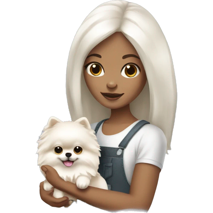 Girl with dark hair white skin holding cream Pomeranian  emoji
