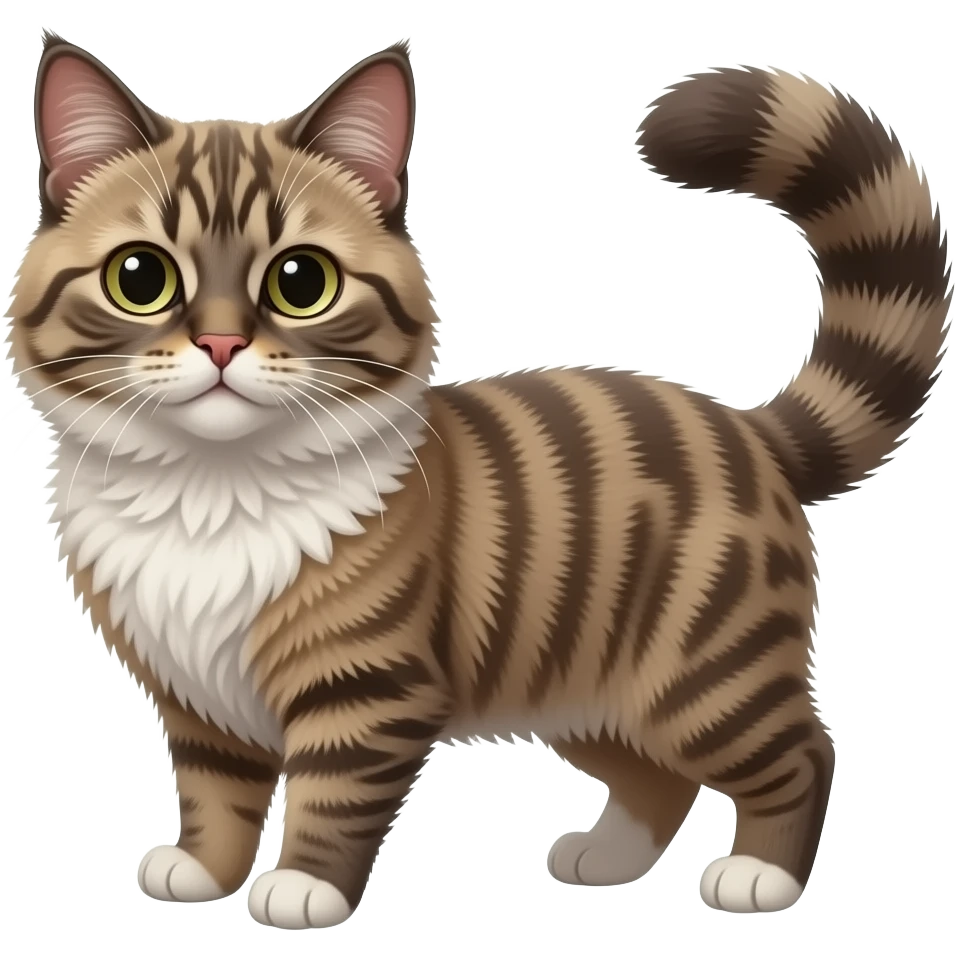 Fuzzy Scottish-Fold-Skookum-Kinkalow-Munchkin-Cat-hybrid with a long thin tufted tapered tail and tufted ears emoji