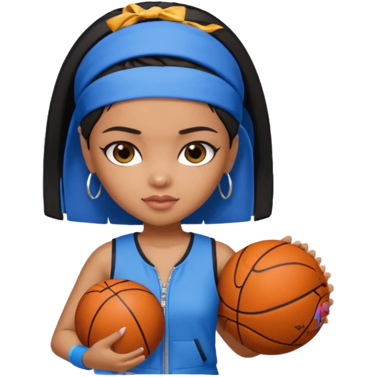 generate a pretty bratz that looks like Kajol.
 Wearing a blue zipper with short black bob cut hair and a matching blue headband. Carrying a basketball emoji