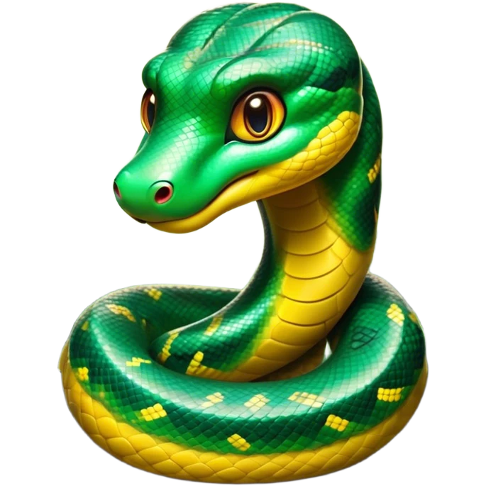 Cinematic Cute Anaconda Portrait Emoji, Head tilted playfully and inquisitively, with a sleek, shimmering body adorned with detailed scale patterns and round, sparkling eyes full of wonder, Simplified yet irresistibly adorable features, highly detailed, glowing with a warm, friendly jungle glow, high shine, affectionate and lively, stylized with a touch of whimsical reptilian charm, soft glowing outline, capturing the essence of a mischievous serpent that feels like it could slither out of the screen into your arms! emoji