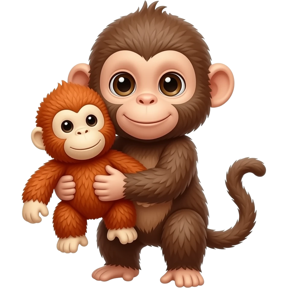 Un mono bebé y que tenga en la mano un peluche de un orangután y que el mono este abrazando al peluche de orangután emoji