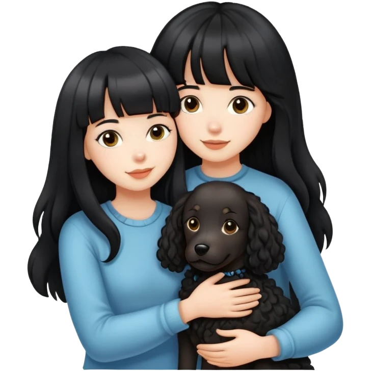 A beautiful girl with long black straight hair and bangs hugs a curly-haired dog emoji