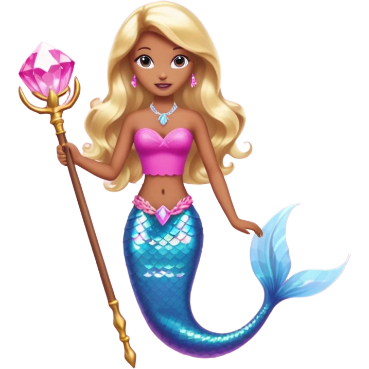 Brown skin blonde hair barbie mermaid with pink diamond tail and wand  emoji