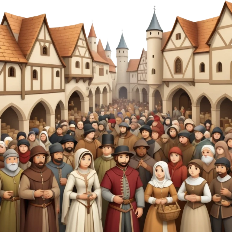 Medieval town crowd scene with many people together, mix of wealthy merchants and common townspeople gathered in a marketplace emoji