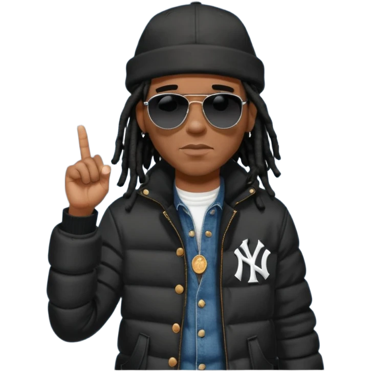 African American man with shoulder length black dreadlocks wearing black sunglasses with black bubble winter coat wearing a New York Yankees baseball hat wearing denim skinny jeans and timberland boots with finger pointing to his head emoji