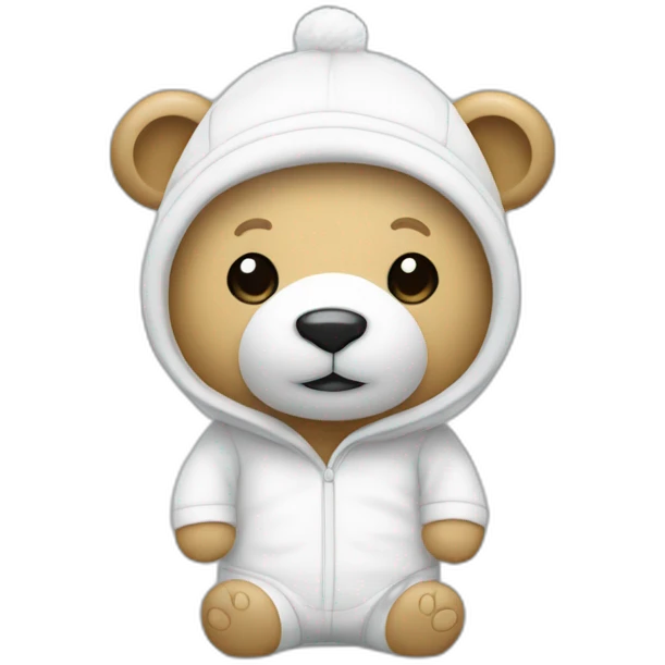 Un oso blanco de pie con un pijama blanco muy delgado y con un gorro emoji