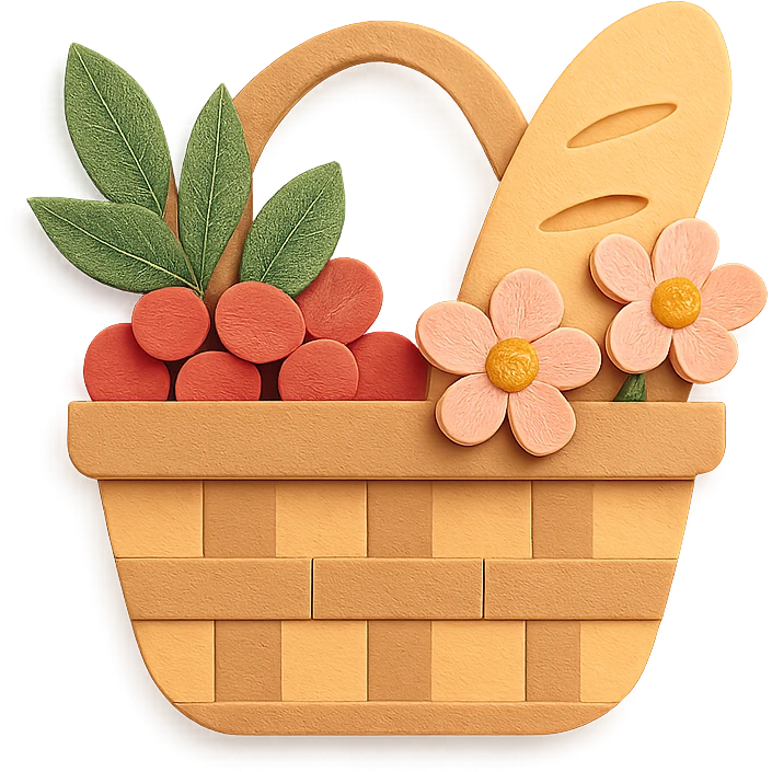 a picnic basket with berries, bread, and flowers, warm pastel shades, paper craft style emoji
