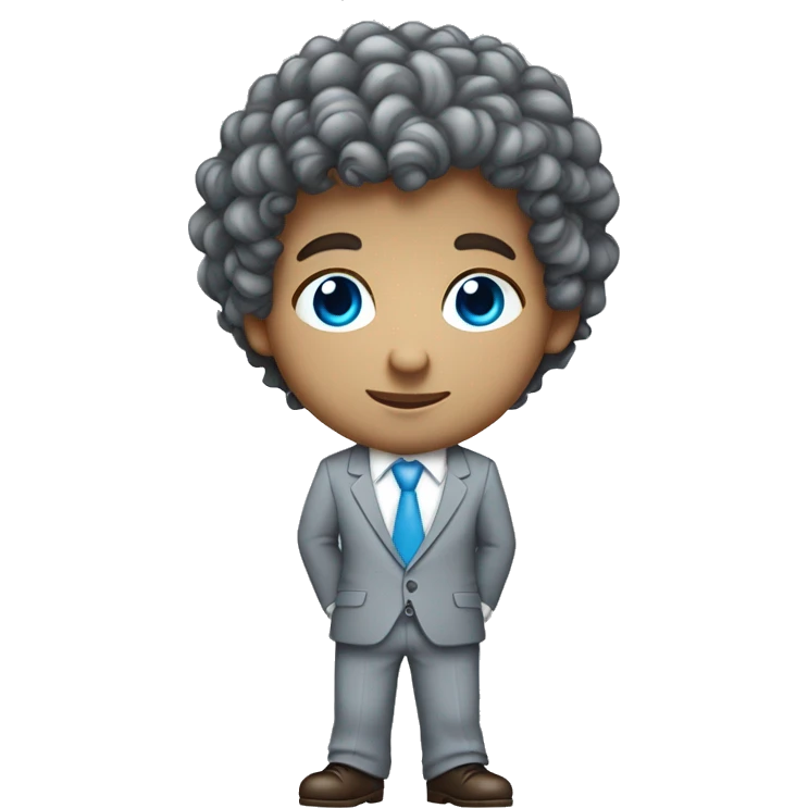 Little young  gentleman wearing a grey suit with white shirt and baby blue tie with blue eyes , white  skin and brown curly hair and full body . Wearing a watch  emoji