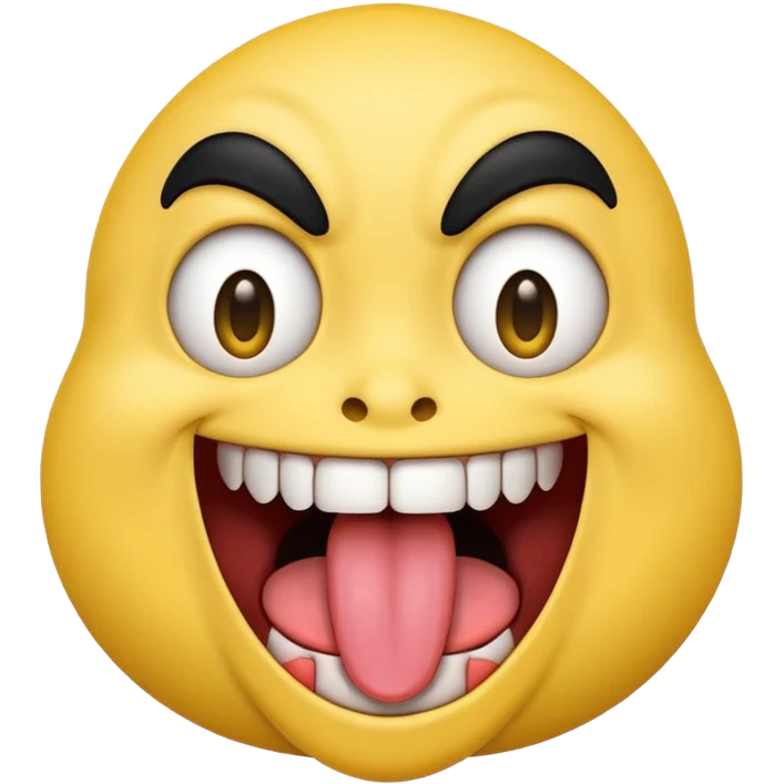 Freaky yellow face emoji smiling really big with huge tongue out and eyes wide open. Tongue should is wagging back and forth. Give him a full head of black hair emoji