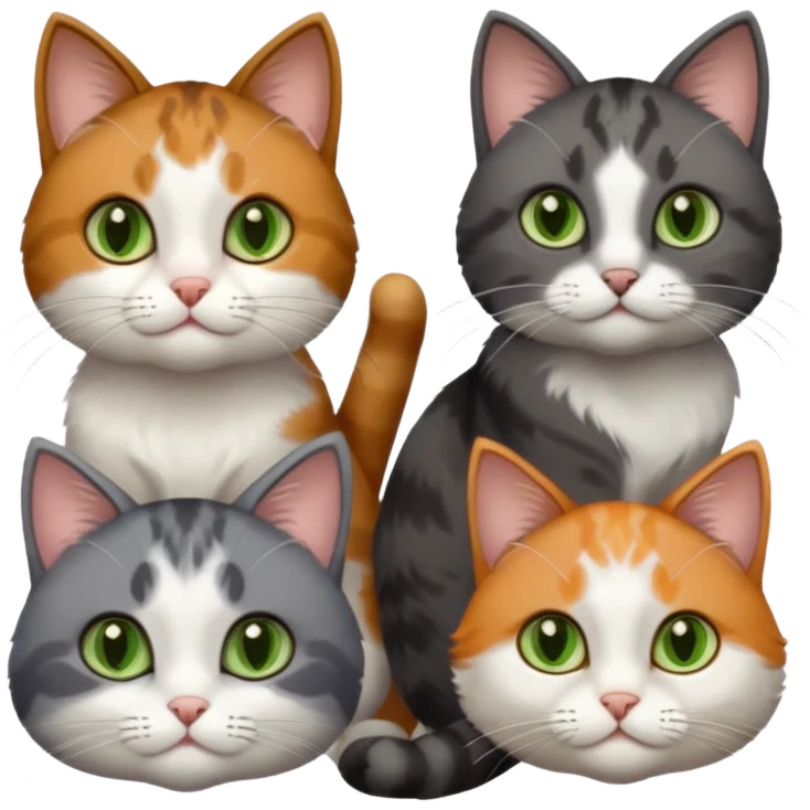 3 different coloured small cats including a dark grey and white, and a patchy calico with hazel eyes and a completely solid dark grey with green eyes and only white paws emoji